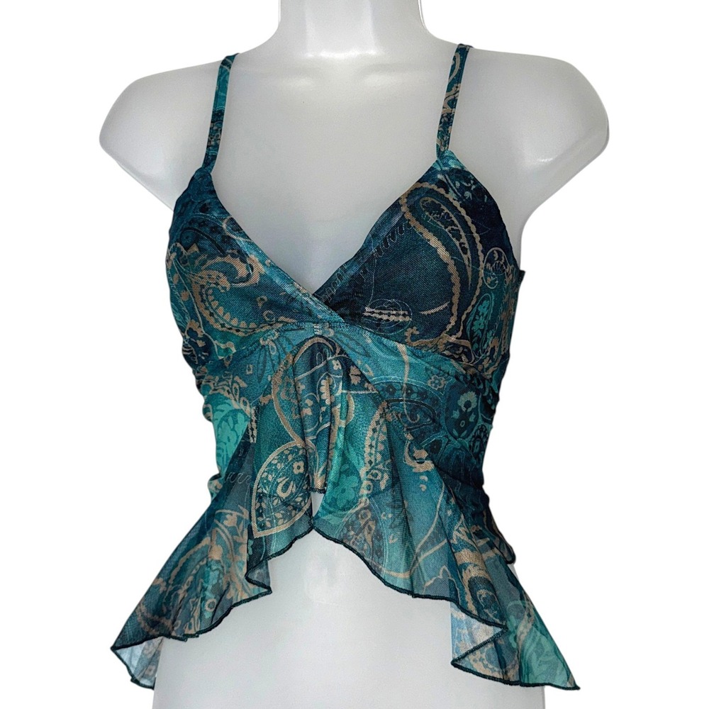 New XS Teal Paisley Mesh Ruffle Peplum Camisole Top Y2k Blouse Tank V Neck